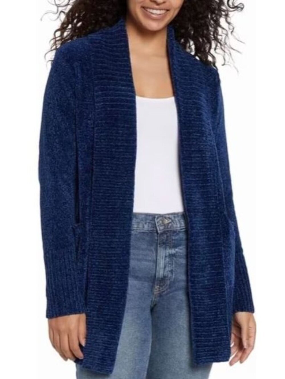 NWT Orvis Women's XS Blue Cardigan Open Front Chenille Sweater